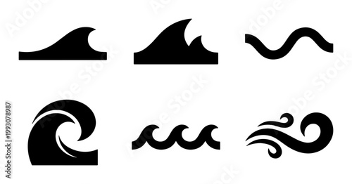 Minimalist ocean wave icons, black silhouette sea water symbols, set of 6 vector wave elements for surf and nautical logo design