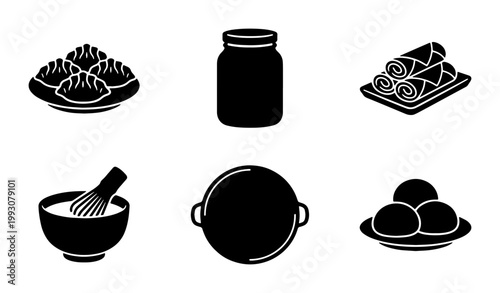 Foto Asian cuisine food icons set, black silhouette dumplings and spring rolls vector