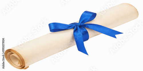 A festive red satin ribbon with a gold knot secures a diploma scroll, creating a celebration gift perfect for a graduation anniversary or holiday present isolated on a white background