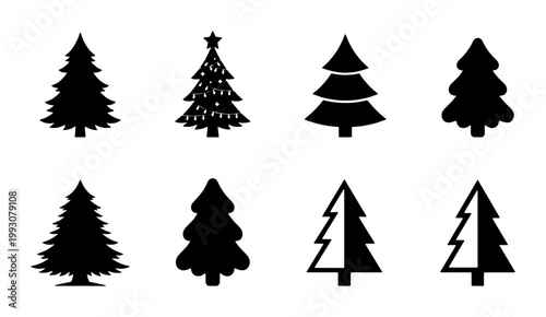 Minimalist Christmas tree icons set, black silhouette evergreen pine tree vector collection, winter holiday fir tree symbols for festive graphic design