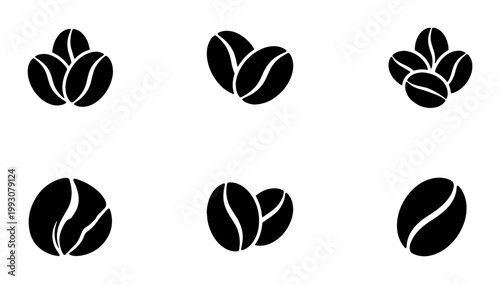 Minimalist coffee bean icons, black silhouette roasted coffee seed collection, organic espresso bean vector set for cafe branding and menu design