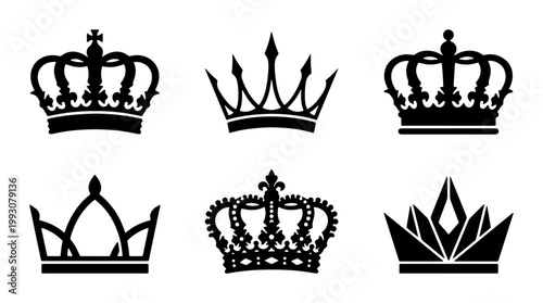 Royal crown silhouette collection, 6 black heraldic king and queen headwear icons, vintage monarch coronet set for luxury branding and logo design