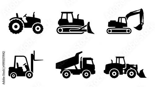 Heavy machinery construction vehicle icons, set of 6 black silhouettes including excavator and tractor, industrial equipment vector graphics