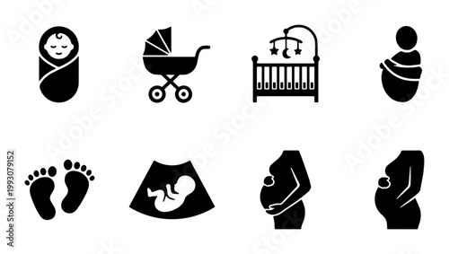 Pregnancy and newborn baby icon set, 8 black solid vector symbols, maternity and infant care graphics for parenting apps and healthcare