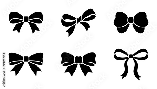 Black ribbon bow vector icons set, decorative gift knot silhouettes, elegant fashion accessories for wedding invitations and holiday packaging