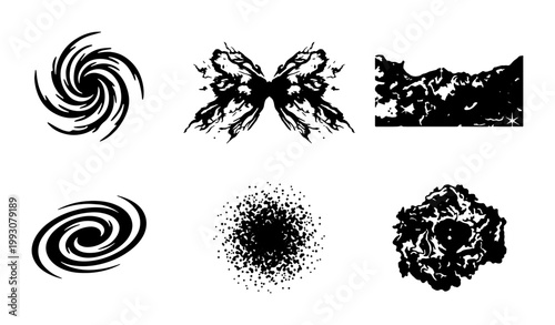 Grunge abstract shapes and textures set, 6 black ink vector elements, distressed spiral and butterfly silhouettes, dark aesthetic graphic design assets