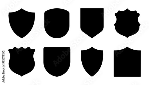 Shield silhouette icon set with 8 vector elements, heraldic crest shapes for security and protection logos, black heraldry badges on white background