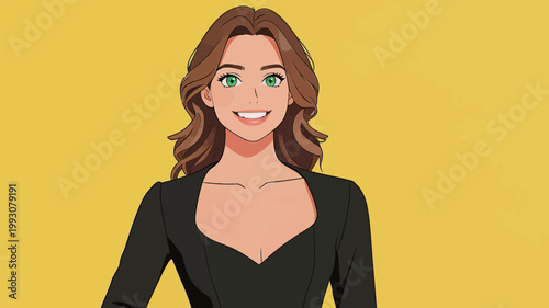 Stylish woman in black dress with curly hair