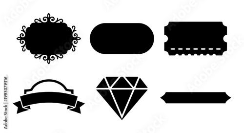 Vintage black silhouette frames and labels set, 6 decorative vector elements including ornate borders, ribbon banner, diamond icon and ticket shape