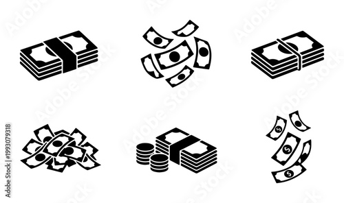 Black money icons set with cash bundles and falling banknotes, flat vector currency symbols for finance and banking, 6 money elements for business