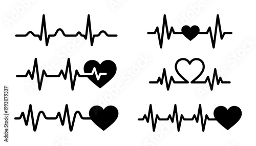 Heartbeat line vector icons set, medical EKG pulse wave with heart shapes, black electrocardiogram rhythm symbols for healthcare and cardiology