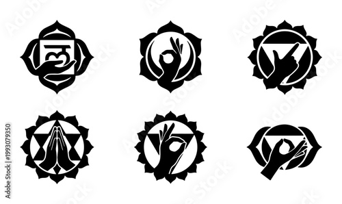 Sacred chakra symbols with mudra hand gestures, black spiritual yoga icons set, zen meditation energy centers vector collection