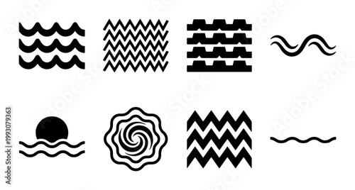 Minimalist wave icons set, black geometric water symbols and sea ripples, 8 abstract ocean line art elements for logo design and branding