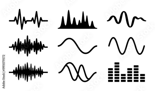 Minimalist sound wave icons set, black audio equalizer frequency bars, digital music signal waveforms and pulse line vector collection