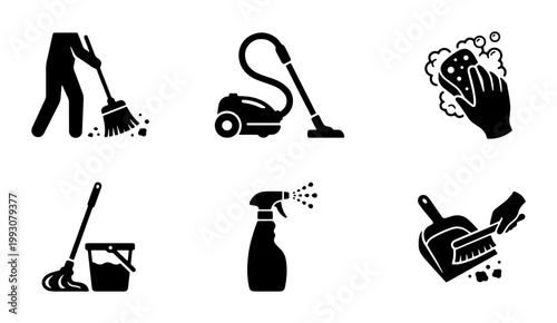 Cleaning service icons set, professional housekeeping equipment symbols, black silhouette vector of vacuum cleaner, mop, broom and spray bottle