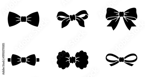 Black bow tie silhouettes, set of 6 ribbon bow vector icons, elegant decorative knots for formal wear and gift packaging design