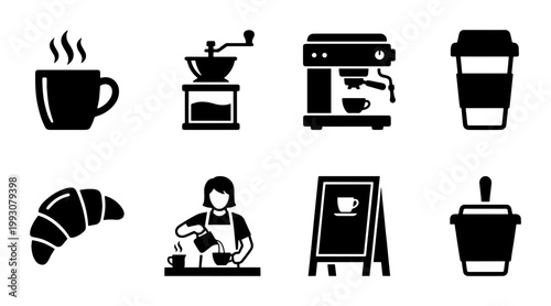 Minimalist coffee shop icons set, black solid cafe symbols including espresso machine and barista, 8 vector elements for restaurant menu design