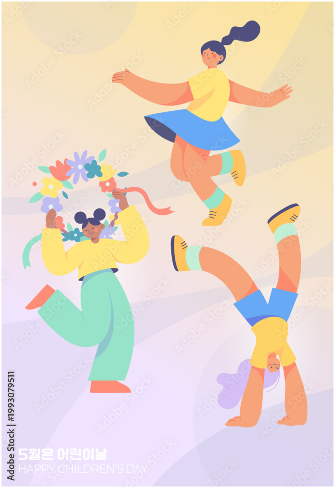 Fototapeta premium Playful kids character set featuring handstand, spinning dance, and wearing flower crown