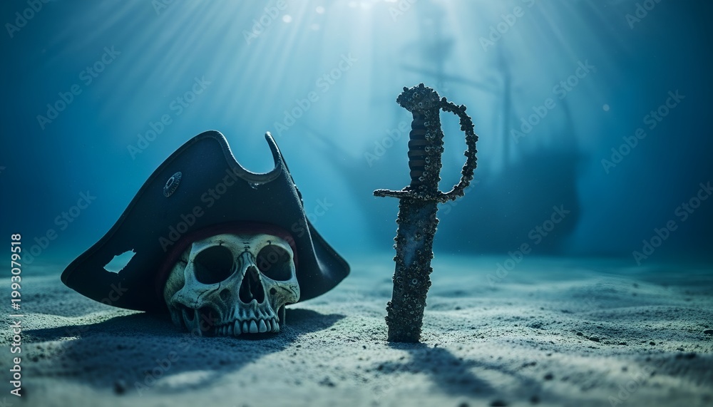 Fototapeta premium A pirate's skull and sword lie on the ocean floor and a sunken pirate ship in the background.