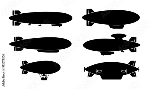 Vintage airship silhouette set, 6 blimp vector icons, retro dirigible and zeppelin illustrations