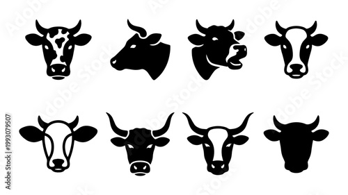 Minimalist cow head icons set, black and white cattle silhouettes, 8 bull and heifer vector portraits for farm branding and dairy logos