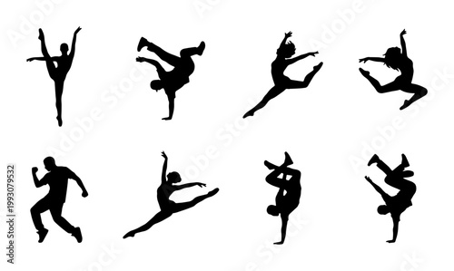 Dynamic dancer silhouettes set, collection of 8 black vector figures in motion, breakdance and ballet performers, athletic people dancing icons