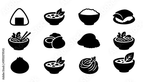 Japanese food icon set, 12 black solid vector symbols, Asian cuisine and sushi restaurant menu