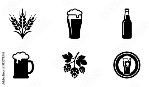 Craft beer icon set, brewery symbols with hops and barley, 6 black vector beer glass silhouettes