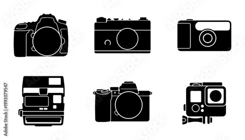 Camera icon set with 6 black vector silhouettes, professional photography equipment symbols, digital dslr and vintage film camera graphics