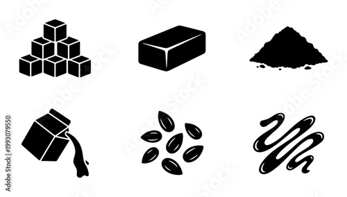 Baking ingredients icon set, black silhouette food preparation symbols, sugar cubes and butter block vector, cocoa powder and milk carton graphics