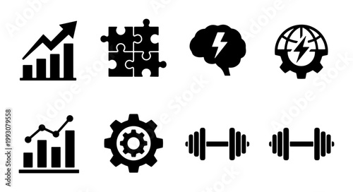 Minimalist business icons set, black solid vector symbols for growth and strategy, professional development and productivity graphics for corporate presentations