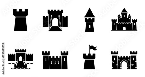 Medieval castle icons set, black silhouette fortress and tower vector elements, 8 ancient kingdom stronghold symbols for gaming and history