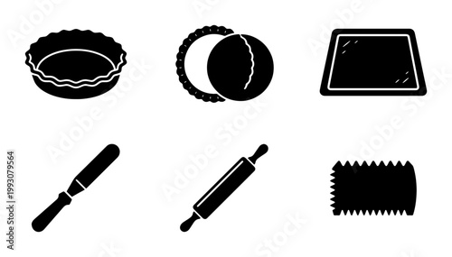 Baking tools icon set, black silhouette pastry equipment, rolling pin and tart pan vector icons