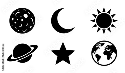 Celestial space icons set, black silhouette planet and moon symbols, 6 astronomy vector elements for science and educational design