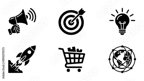 Digital marketing business icons set, black solid vector symbols for startup growth, e-commerce and global strategy concepts