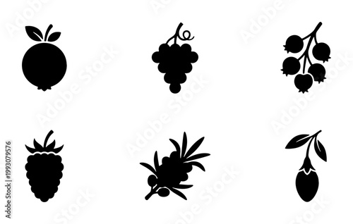 Minimalist fruit berry icon set, black silhouette 6 vector elements, organic food symbol collection