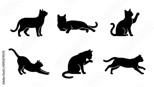 Black cat silhouettes set, collection of 6 feline vector icons in various poses, minimalist pet animal graphics for logo design and branding