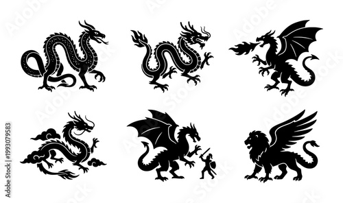 Fotografie Mythical dragon silhouette set, black fantasy creature icons, collection of 6 ve
