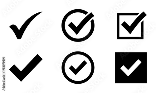 Minimalist check mark icon set, black tick symbols in circles and squares, 6 vector elements for approval and checklist validation