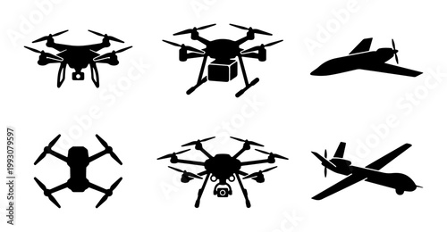 Unmanned aerial vehicle silhouettes, set of 6 drone and aircraft vector icons, black quadcopter and military uav symbols for logistics and surveillance