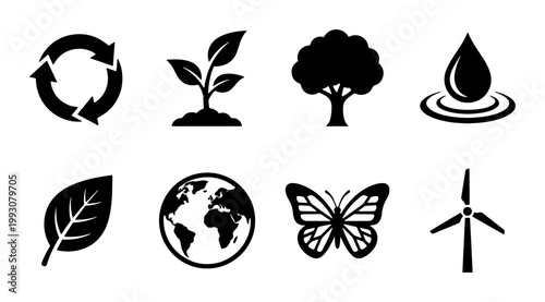 Eco friendly environment icon set, black nature symbols for sustainability, 8 vector elements for green energy and ecology branding