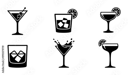 Minimalist cocktail icon set, black and white alcoholic beverage symbols, 6 vector drink illustrations for bar menus and signage