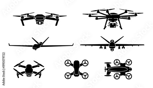 Modern drone silhouettes set, 7 unmanned aerial vehicle icons, black quadcopter and military uav vector graphics, remote control aircraft collection