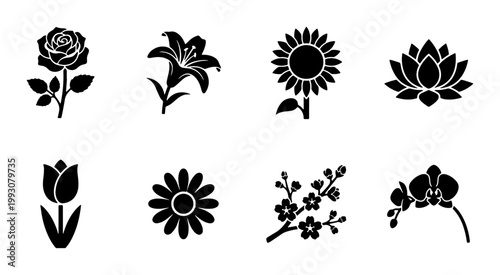Minimalist flower icons set, black floral silhouette collection of 8 vector elements, rose lily sunflower lotus tulip daisy cherry blossom and orchid