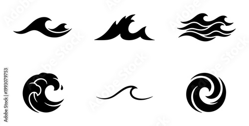 Obraz na płótnie Ocean wave icon set, black sea water splash symbols, 6 minimalist surf and tide