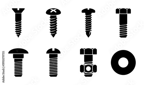 Industrial screw and bolt icons set, black metal fastener silhouettes, hardware equipment collection with nuts and washers, 8 vector elements