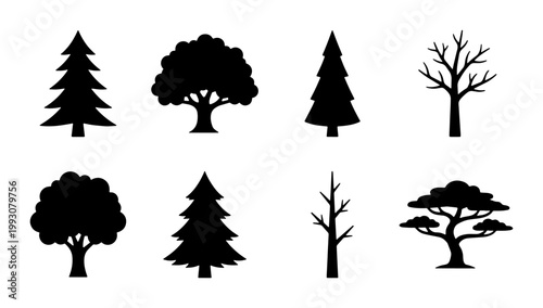 Black tree silhouettes collection, set of 8 forest plant icons, minimalist pine and deciduous tree vector shapes for landscape design and mapping
