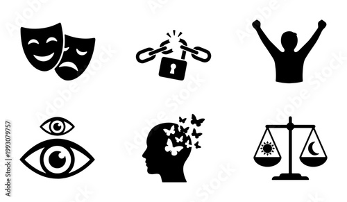 Mental health icons set, psychology and emotional well-being symbols, 6 black vector elements for therapy and mindfulness concepts