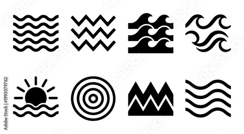 Minimalist wave icons set, black ocean water symbols, 8 geometric sea elements vector graphics