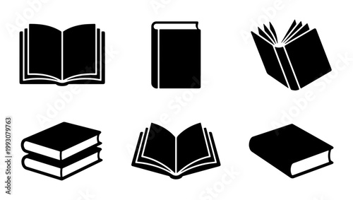 Minimalist book icon set, black silhouette library symbols, 6 education vector assets for web